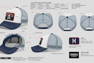 make a hat and cap mock ups with tech pack with your idea