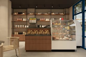3d baker shop interior,pizzeria,pastry shop design,dessert lounge,cafe render