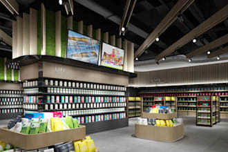 do 2d, 3d supermarket, shopping mall interior retail store, grocery store render