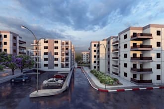 visualize 3d multi unit apartment, badminton court, urban landscape, cgi render
