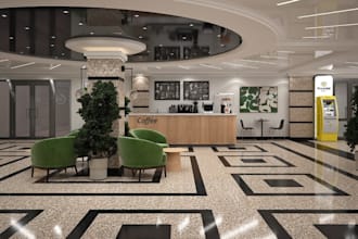 modernize 3d lobby design, office reception, medical center interior, cgi render