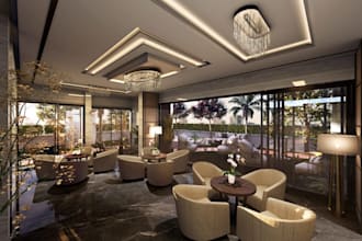 renew banquet hall,interior communal space,ceiling design,high end resort render
