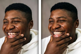 change outfits and background, fix teeth gaps on smile