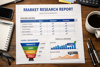 create a market research report with feature matrix funnel upsells breakdown