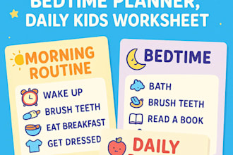 create canva kids morning routine chart, bedtime planner and daily worksheet