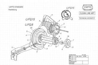 make technical line drawing blueprint 2d vector art patent drawing