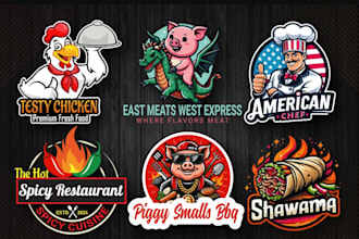 make a fast food truck, chicken, hot dog, pizza, burger, grill, restaurant logo