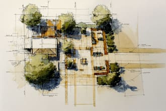 draw landscape sketch, architectural site plan, map