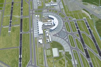 recreate 3d airport masterplan,transportation hub,urban layout,cityscape render