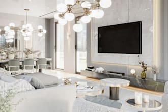 redesign 3d apartment layout, cgi livingroom decor, furniture, kitchen cabinetry