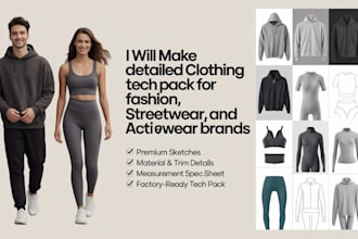 make detailed clothing tech pack for fashion,  streetwear, and activewear