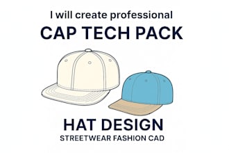 design cap tech pack, hat cad design for streetwear , fashion brands