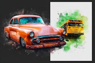 draw realistic custom watercolor style car, vehicle portrait