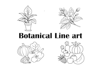 hand drawn botanical line art for flowers, plants, fruits
