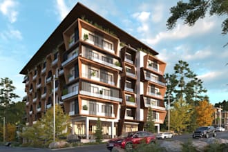 remodel 3d apartment building,exterior rendering,rooftop,facade design,landscape