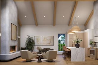 renew modern transitional interior, high sloped ceiling, vaulted space rendering