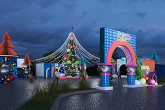 stunning 3d christmas decoration, outdoor stage design,ornament tree,cgi render