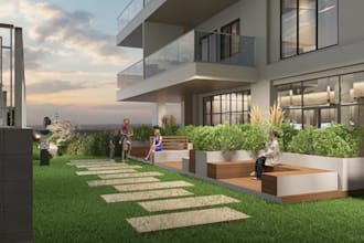 visulize 3d mixed use building,urban environment, pool rendering,outdoor pergola