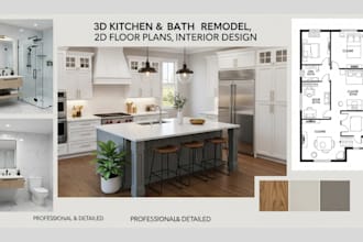 model render 3d kitchen remodel cabinet bath interior design 2d floorplan