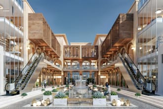 upscale commercial building exterior,high end shopping mall, landscape rendering