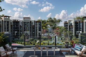 remodel residential building complex, communal garden, lush landscape rendering