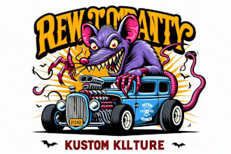 do cartoon car monster rat fink kustom kulture in ratfink style logo design
