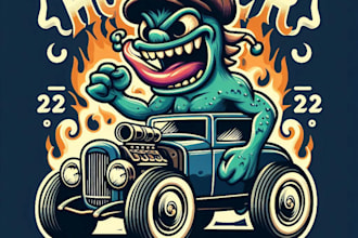 do high quality  a vintage cartoon car monster logo with t shirt design