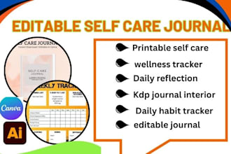 design editable self care journals and daily habit trackers for print or digital
