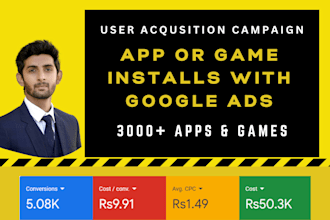 setup google ads campaign for app installs, user acquisition, and game promotion