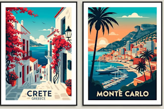 create art deco vintage retro travel poster vector modern landscape illustration