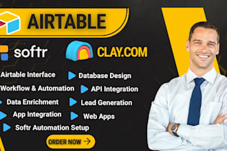 build airtable database, airtable automation, clay com softr and web app portal