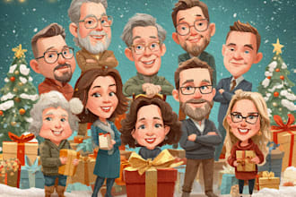 make a group christmas caricature cartoon, holiday gift card