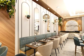 redesign 3d modern restaurant, cafe, kitchen interior rendering, seating layout