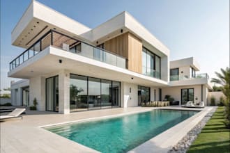 restyle luxury villa exterior,pool patio,3d sliding door,cgi stone facade,3d skp