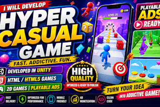 develop a hyper casual game in unity, HTML or HTML5, 2d game, playable ads