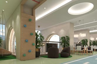visualize 3d modern kids cafe,christmas restaurant render,play area, cake booth