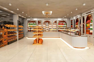 setup 3d cgi bakery shop interior,dessert lounge design,storefront render,layout