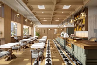manage your small space to setup 3d café interior, coffee shop design,bar render