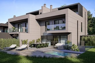 remodel 3d modern terrace villa exterior, concrete facade,pool lounge,skp render