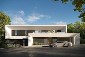 design villa house exterior, floor to ceiling window design, luxury house render