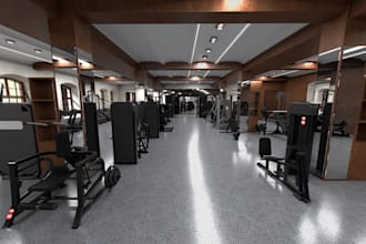 overhaul cgi gym interior, modern fitness center, 3d workout room layout, revit