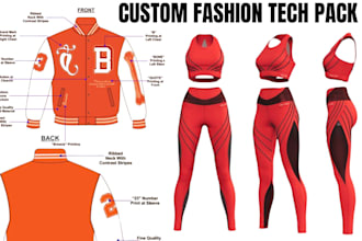 design fashion tech pack for clothing, activewear, sports wear, gymwear, apparel