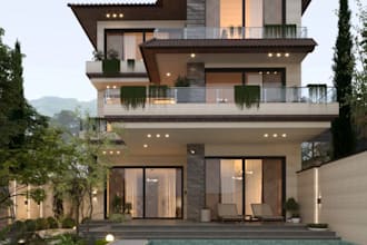 refurbish outdoor living space, landscape design, pool deck render, cgi fire pit