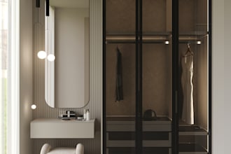 design wardrobe, shelf or walk in closet with realistic 3d design