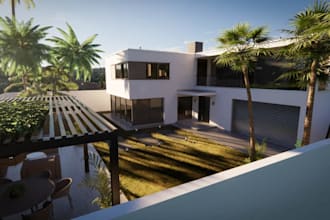 backyard garden design pool, deck, outdoor pergola, patio rendering, terrace