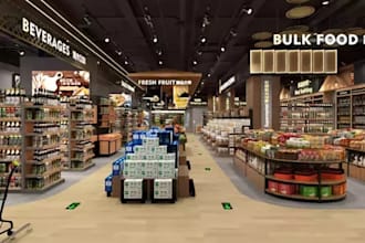 renovate grocery store interior,supermarket layout, checkout counter,fresh fruit