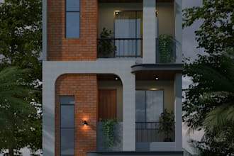design a modern 3d house elevation with high quality realistic render