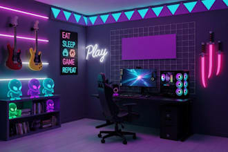 design 3d gaming room, streaming room, isometric room, studio, theater room