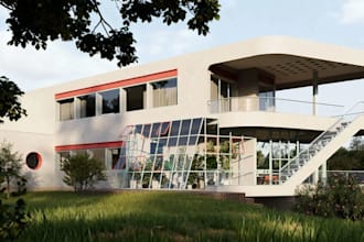 revit 3d log house remodel,curved facade,modern terrace,exterior stair rendering