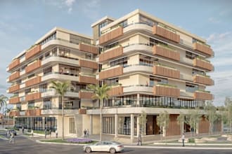 build 3d modern highrise, mixed use building, commercial exterior, cgi rendering